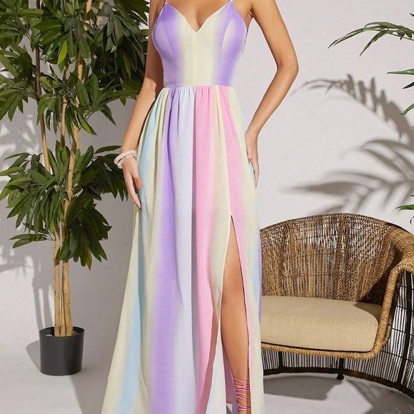 Multicolor Boho Womens Ombre Print Split Thigh Open Back Cami Dress - Picture 5 of 5